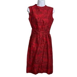 Vintage 1960s Lanz Originals Sheath Red Patterned Midi Dress w Belt Size Small